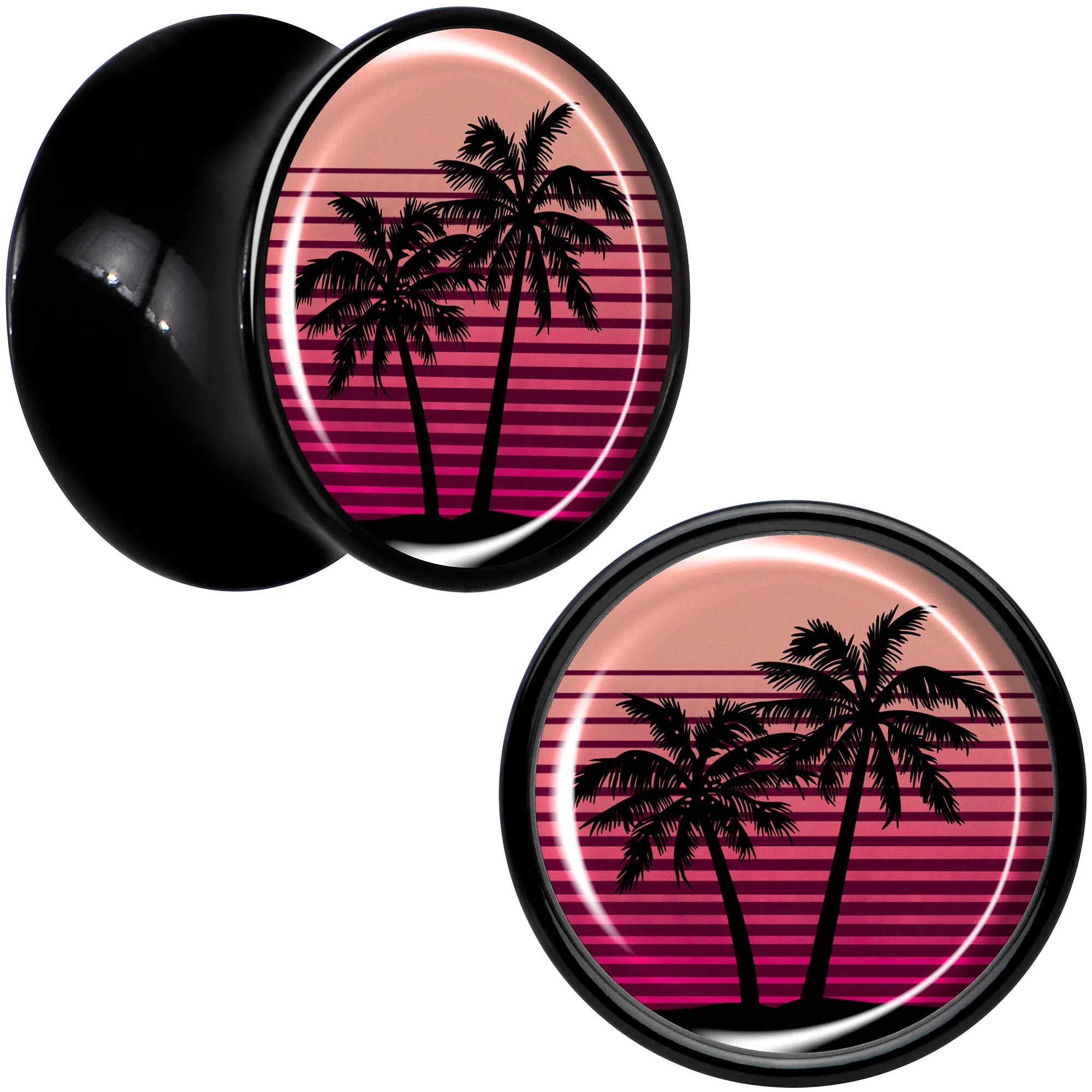 0 Gauge Palm Tree Retro Sunset Black Acrylic Saddle Plug Set