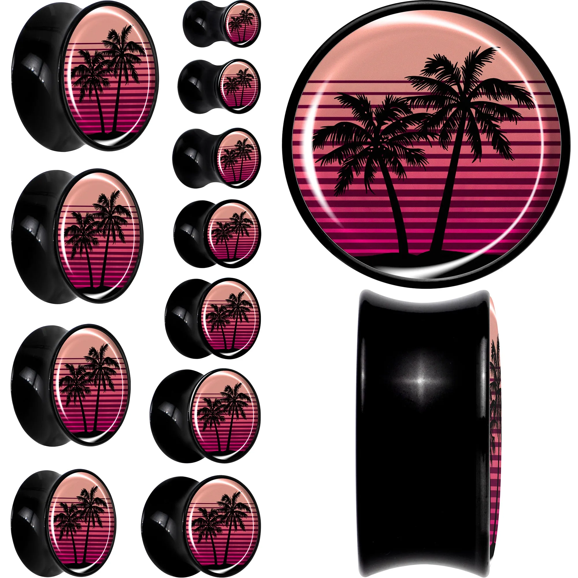 0 Gauge Palm Tree Retro Sunset Black Acrylic Saddle Plug Set