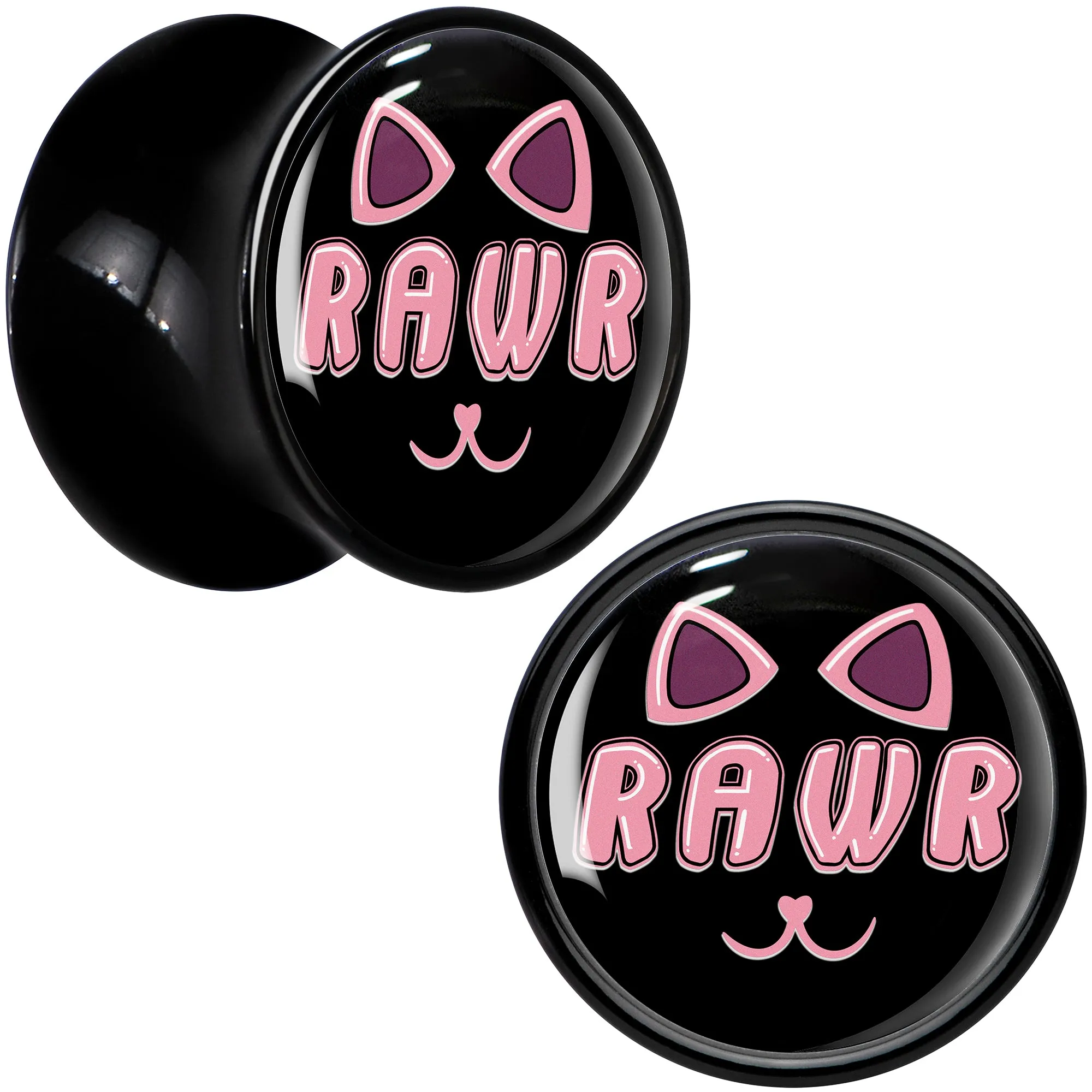 0 Gauge RAWR Kitty Cat Black Acrylic Saddle Plug Set