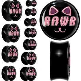 0 Gauge RAWR Kitty Cat Black Acrylic Saddle Plug Set