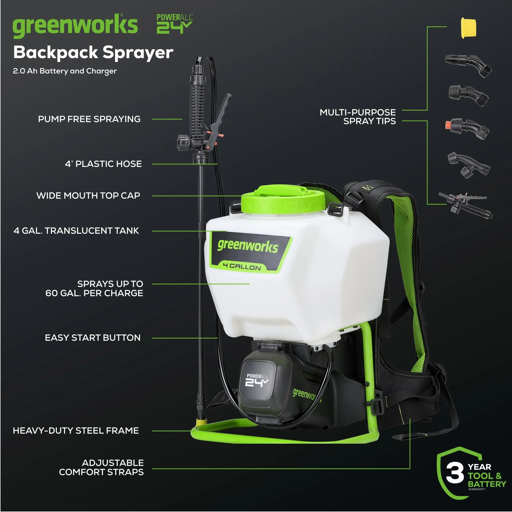 24V Cordless Battery Backpack Sprayer w/ 2.0Ah Battery & Charger