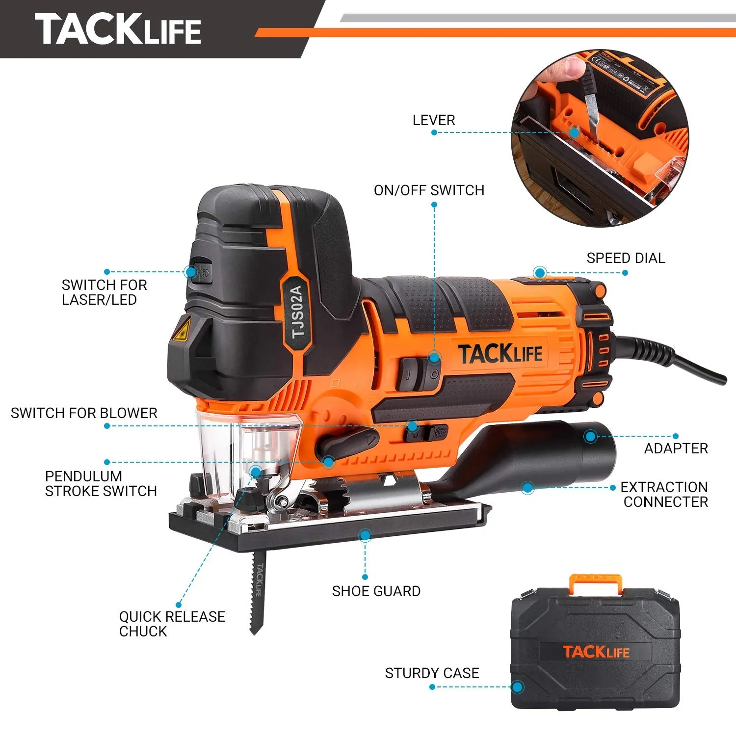 6.7 Amp Barrel Grip Jigsaw with Laser & LED, Heavy Duty, Variable Speed / 4 Orbital Settings, 6 Blades