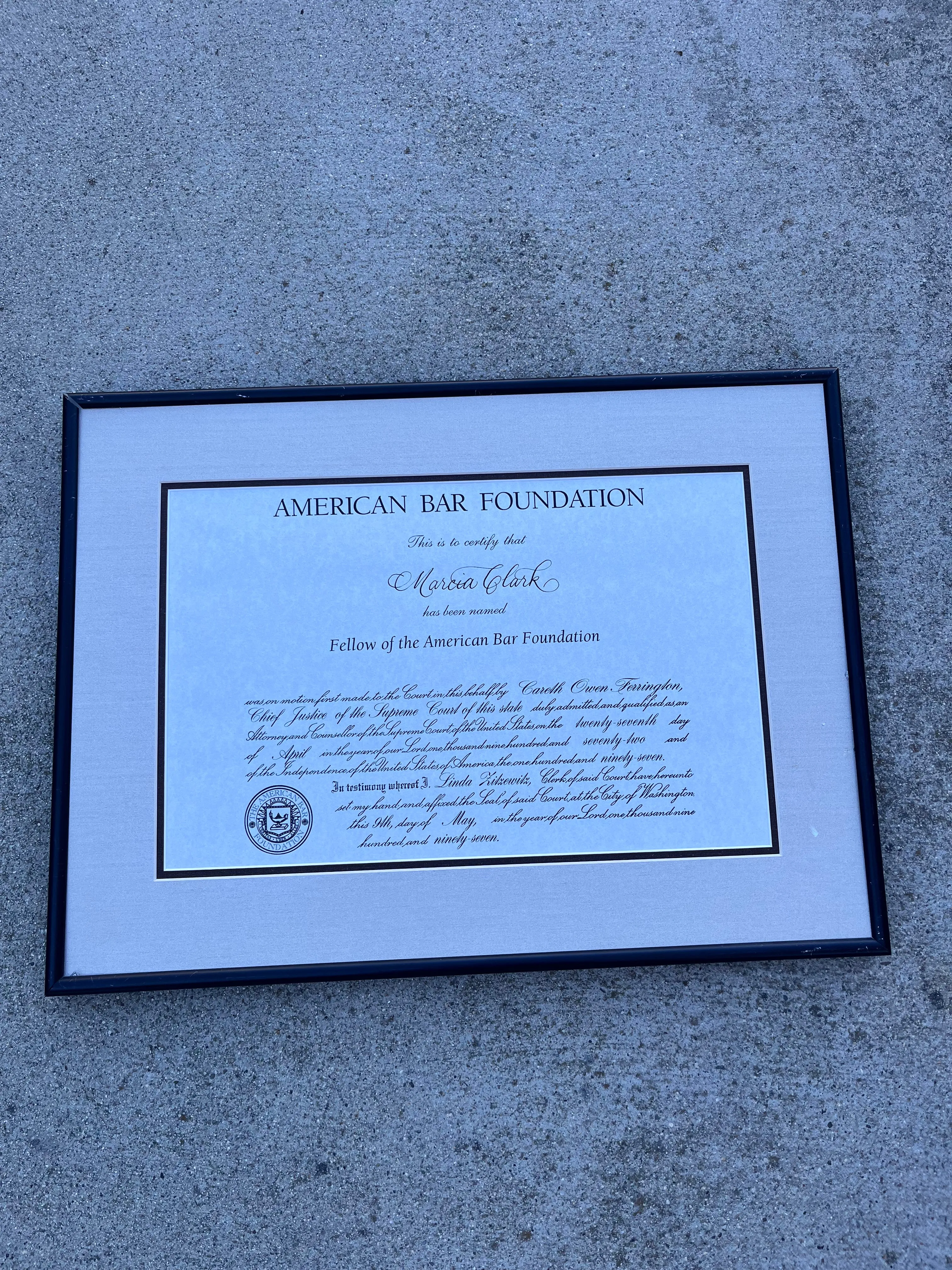 AMERICAN CRIME STORY: Marcia Clark’s American Bar Association framed Document