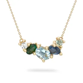 Aquamarine and Sapphire Asymmetric Cluster Bar Necklace