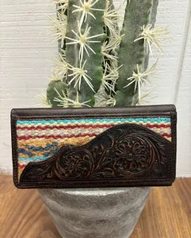 Ariat Brown Saddle Blanket Tooled Embossed Rodeo Wallet Checkbook Cover A3552002