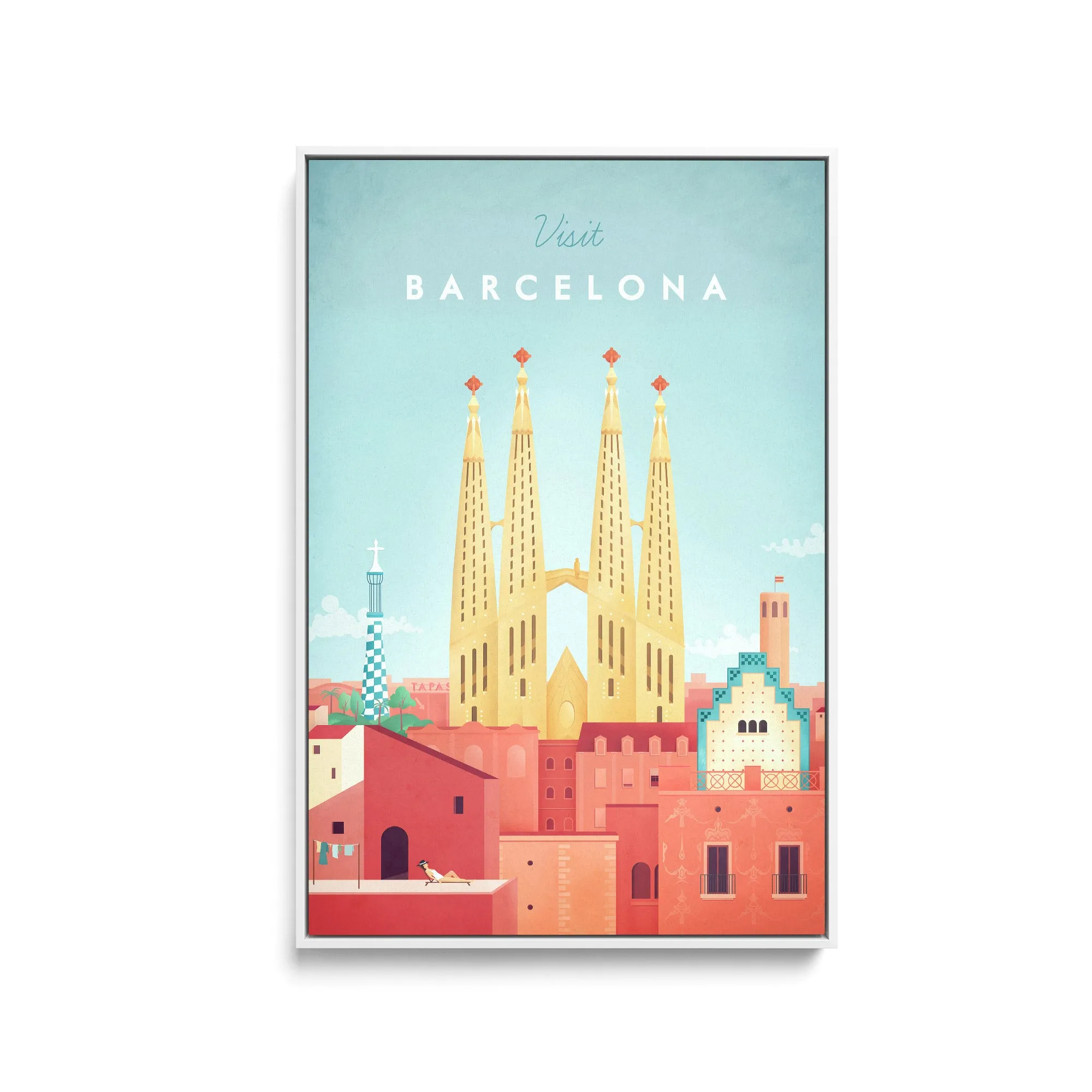 Barcelona by Henry Rivers - Stretched Canvas Print or Framed Fine Art Print - Artwork- Vintage Inspired Travel Poster