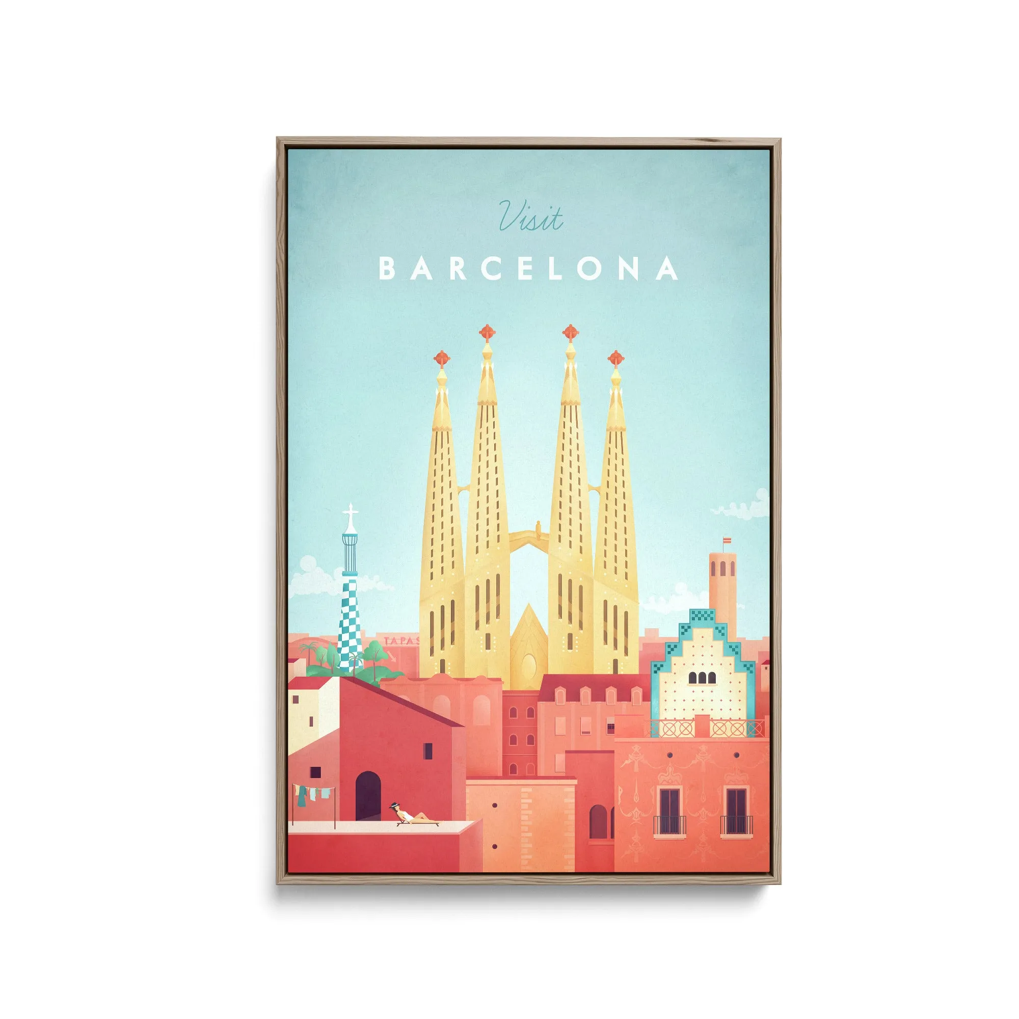 Barcelona by Henry Rivers - Stretched Canvas Print or Framed Fine Art Print - Artwork- Vintage Inspired Travel Poster