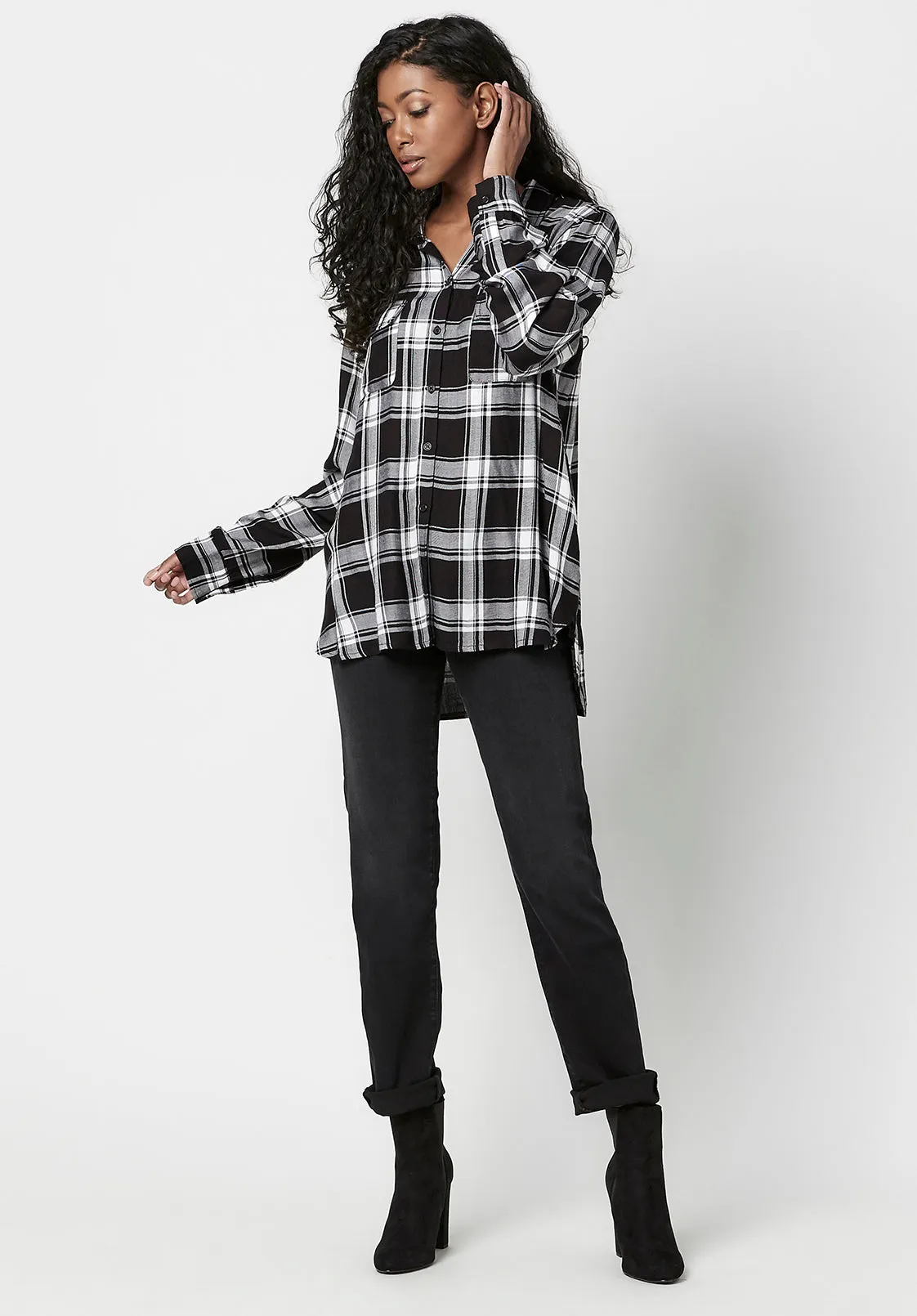 Beverley Women's Button-Down Blouse in Black and White Plaid - WT0548F