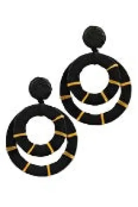 Black/Gold Raffia Wrapped Circle Earrings