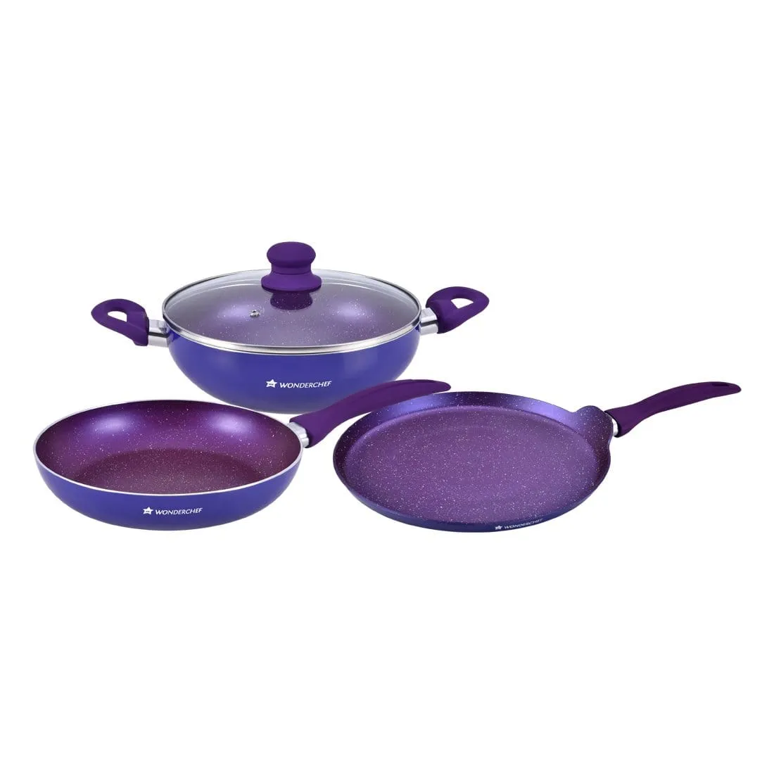 Blueberry Aluminium Non-Stick Cookware Set of 4 | Kadhai with Glass Lid 24cm, Fry Pan 24cm & Dosa Tawa 25cm | Induction Friendly Cookware | Soft Touch Handle | Pure Grade Aluminium | PFOA Free | 2 Year Warranty | Blue