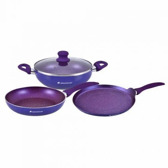 Blueberry Aluminium Non-Stick Cookware Set of 4 | Kadhai with Glass Lid 24cm, Fry Pan 24cm & Dosa Tawa 25cm | Induction Friendly Cookware | Soft Touch Handle | Pure Grade Aluminium | PFOA Free | 2 Year Warranty | Blue