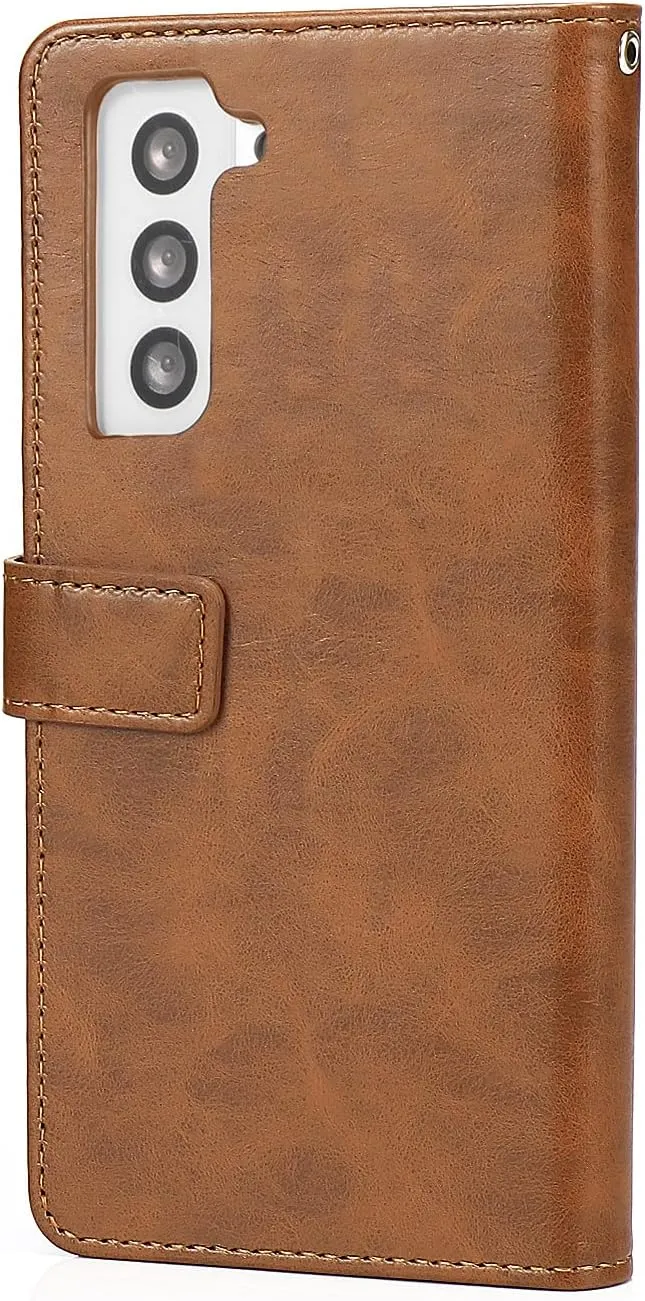 Bundle: Folio Brown Leather Wallet Case with Tempered Glass Screen and Camera Protector - Samsung Galaxy S23