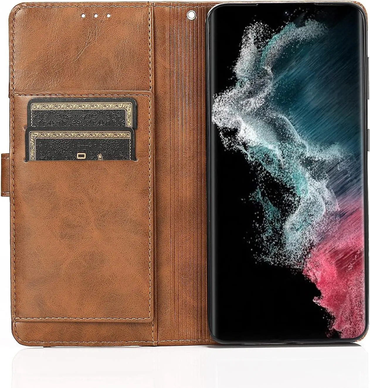 Bundle: Folio Brown Leather Wallet Case with Tempered Glass Screen and Camera Protector - Samsung Galaxy S23