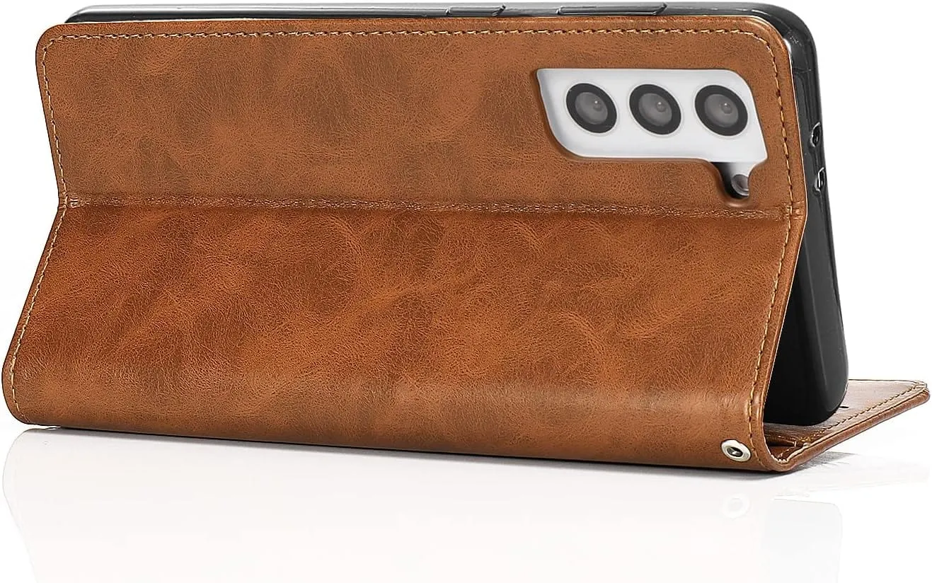 Bundle: Folio Brown Leather Wallet Case with Tempered Glass Screen and Camera Protector - Samsung Galaxy S23