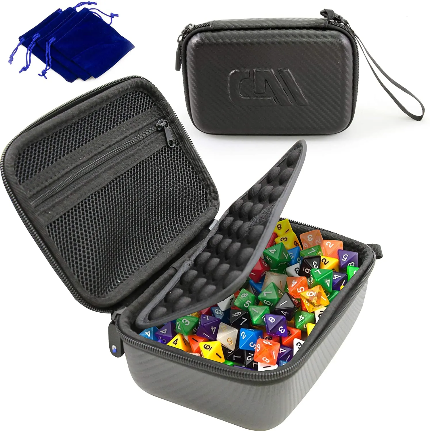 CASEMATIX Travel Dice Case for 100  RPG Dice with Padded Interior Divider and Wrist Strap - Hard Shell Protective DND Dice Box and RPG Dice Case