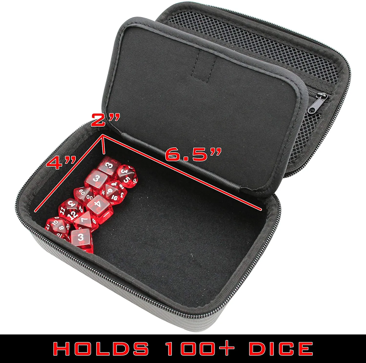 CASEMATIX Travel Dice Case for 100  RPG Dice with Padded Interior Divider and Wrist Strap - Hard Shell Protective DND Dice Box and RPG Dice Case