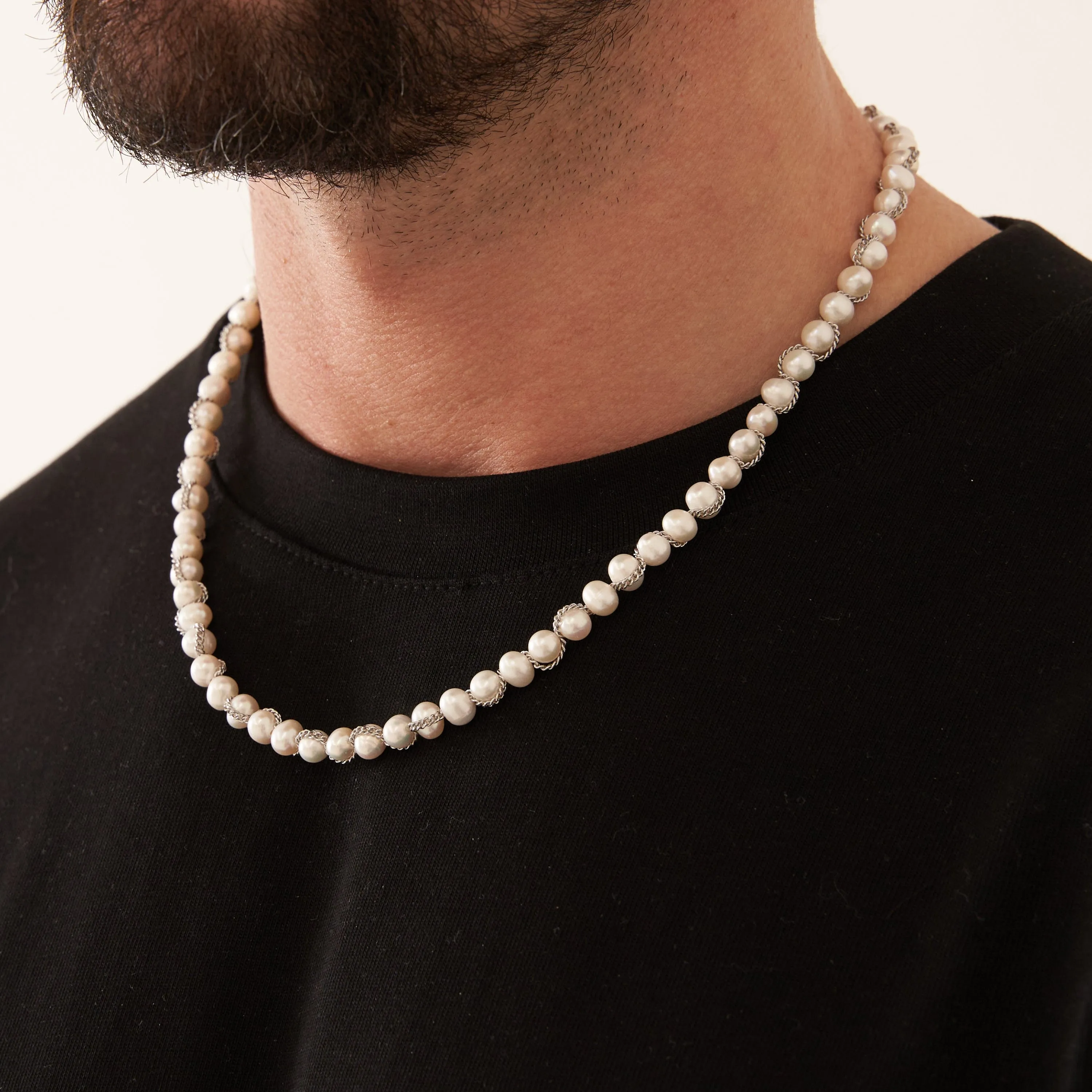 Chain Wrap Real Pearl Necklace (Silver)