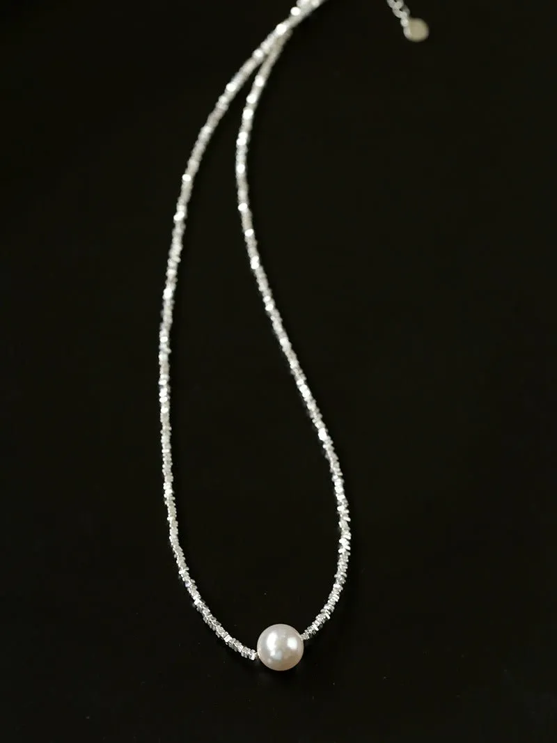 Crushed Silver Bead Natural Pearl Pendant Necklace