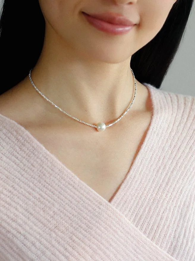 Crushed Silver Bead Natural Pearl Pendant Necklace