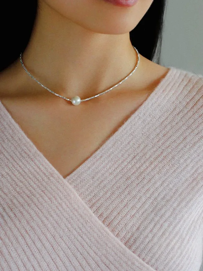 Crushed Silver Bead Natural Pearl Pendant Necklace