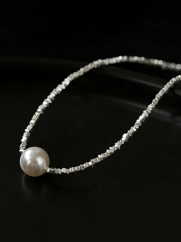 Crushed Silver Bead Natural Pearl Pendant Necklace