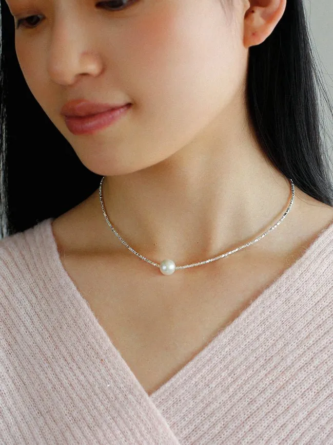 Crushed Silver Bead Natural Pearl Pendant Necklace