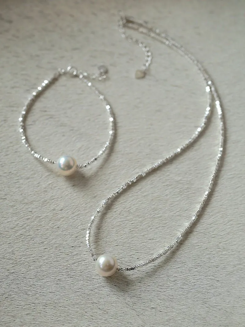 Crushed Silver Bead Natural Pearl Pendant Necklace