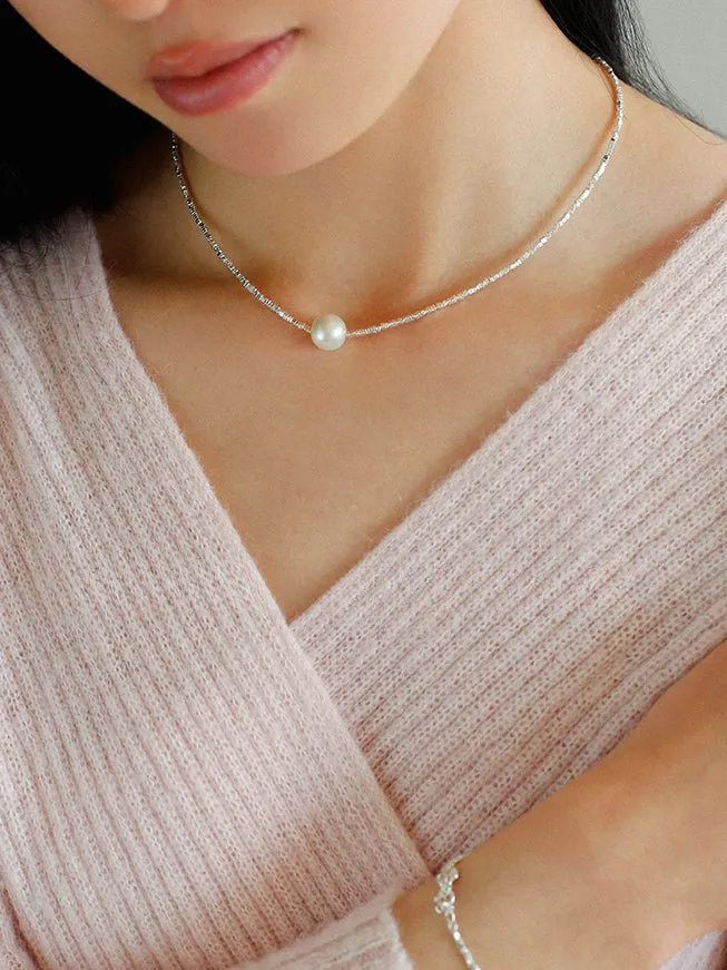 Crushed Silver Bead Natural Pearl Pendant Necklace