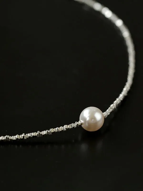 Crushed Silver Bead Natural Pearl Pendant Necklace