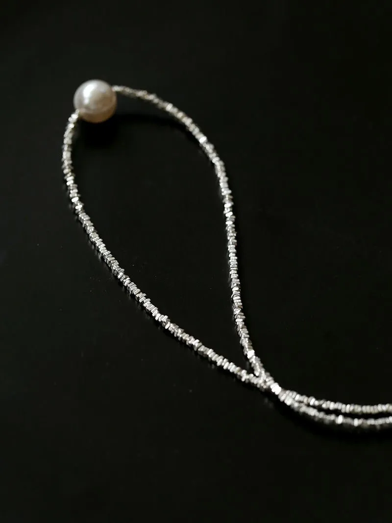 Crushed Silver Bead Natural Pearl Pendant Necklace