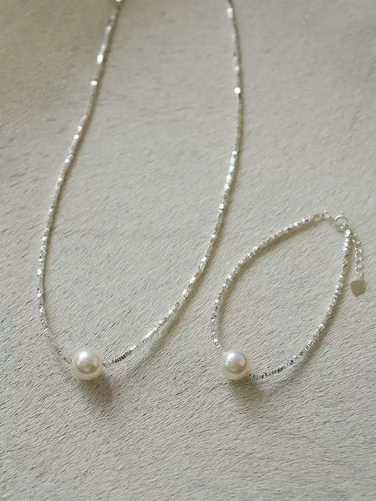 Crushed Silver Bead Natural Pearl Pendant Necklace