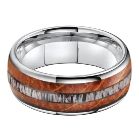 Deer Antler and Whiskey Barrel Oak Wood Dome Wedding Ring in Silver Tungsten (8mm)