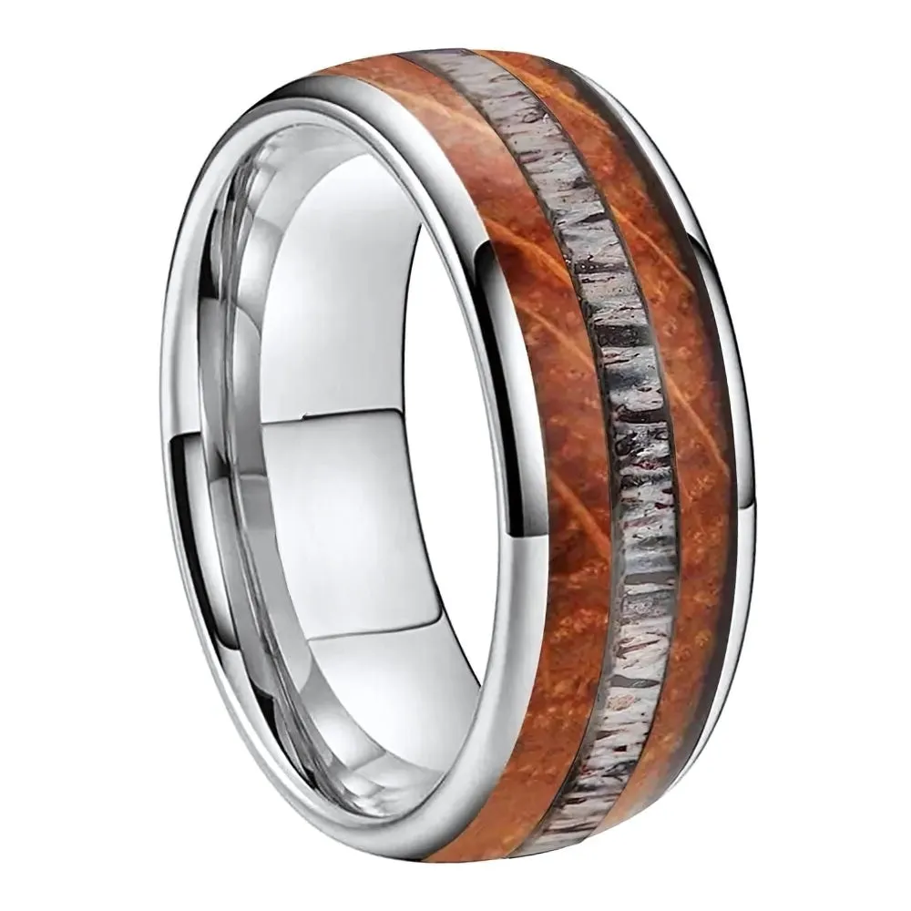 Deer Antler and Whiskey Barrel Oak Wood Dome Wedding Ring in Silver Tungsten (8mm)