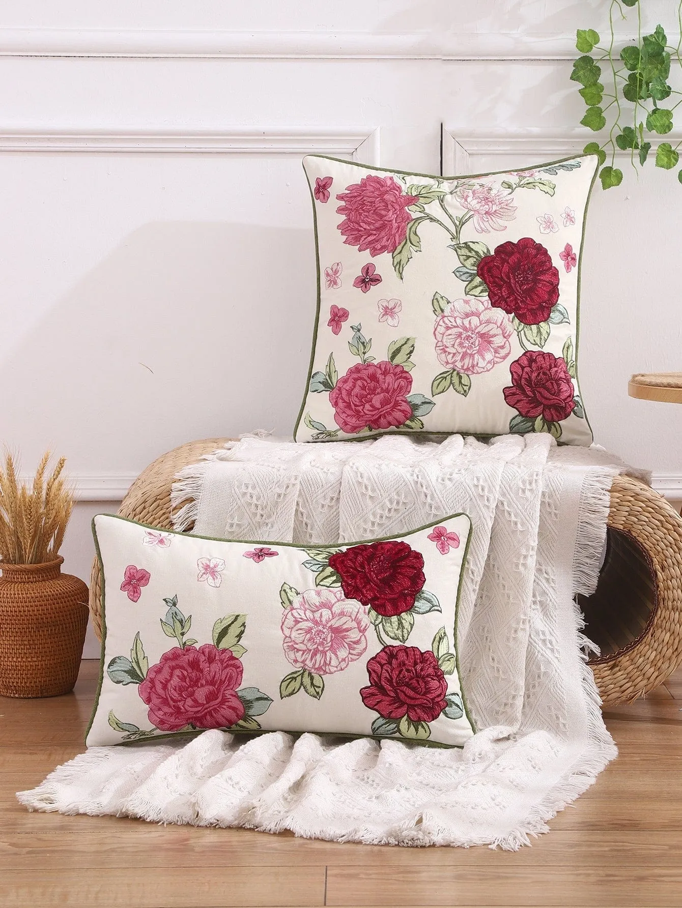 Embroidered Florals Pillow Cover