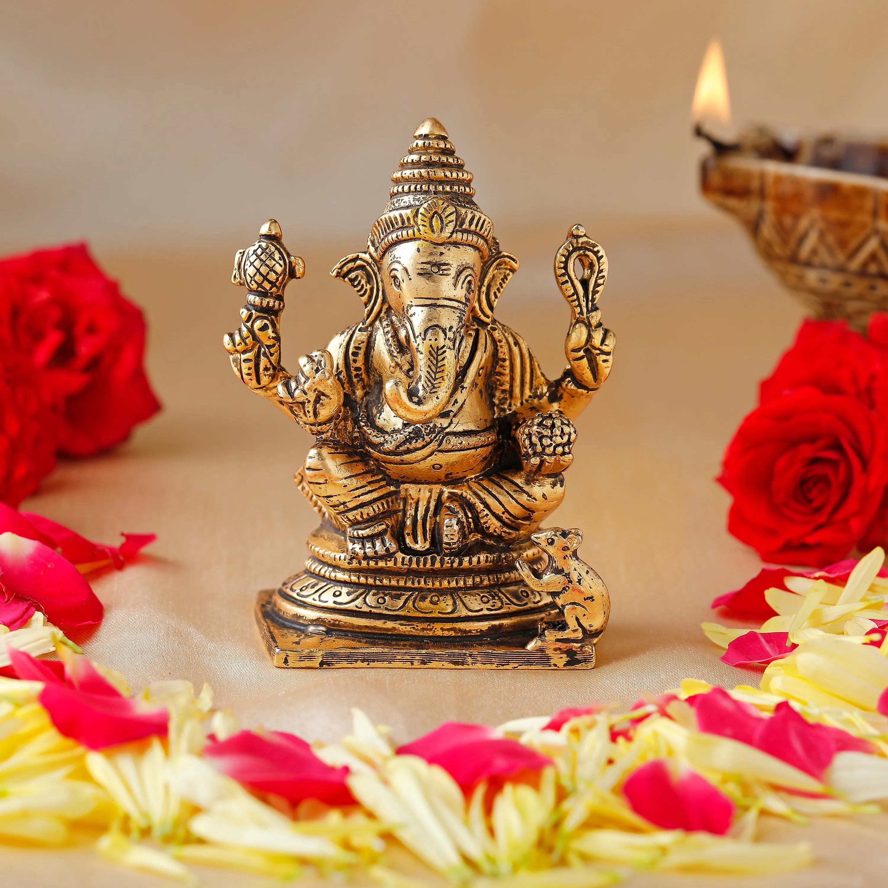 Estele Elegant Gold Plated Antique Spiritual Lord Ganesh Idol for Gifts & House Warming/Home/Office Decors.