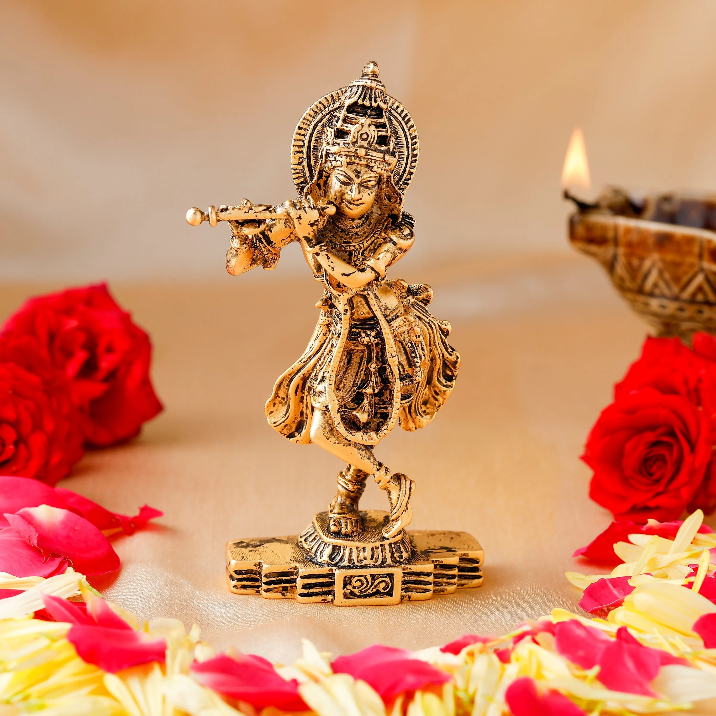 Estele Gold Plated Antique Sri Krishna Idol for Pooja/Car decor.