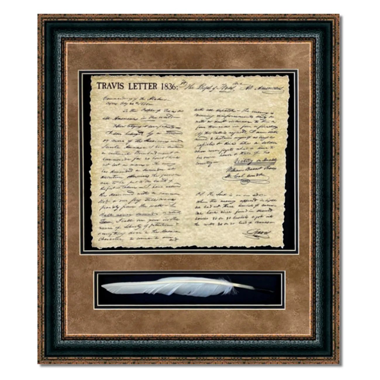 Framed Travis Letter with Quill Shadowbox | Historic Document with Quill in Double Mat | 27L X 25W" Inches