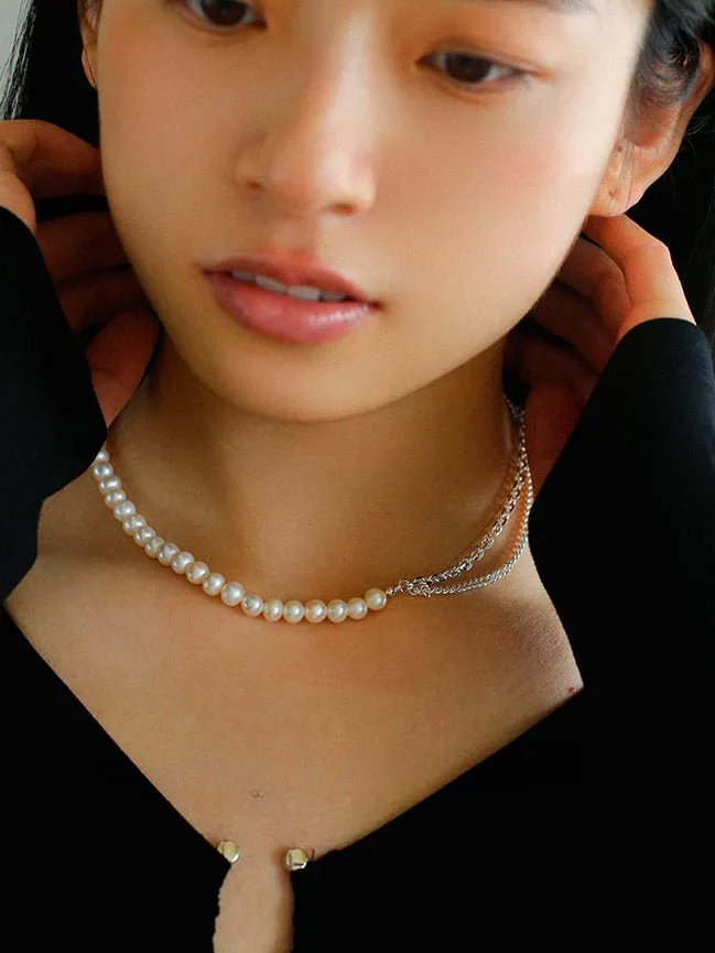 Freshwater Pearl Panel Chain Silver Necklace