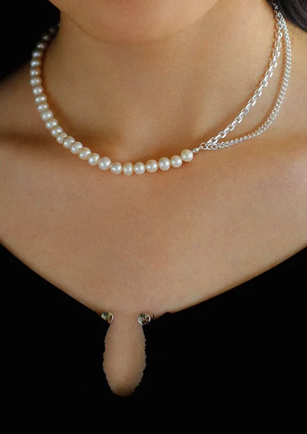 Freshwater Pearl Panel Chain Silver Necklace