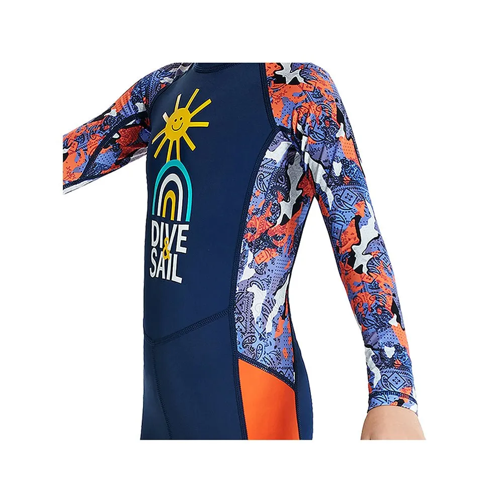 Full Sleeves Kids Swimwear Navy Blue & Orange Sunshine Printed Full Length, with UPF 50 