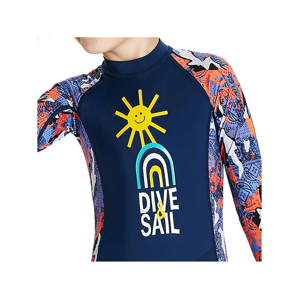 Full Sleeves Kids Swimwear Navy Blue & Orange Sunshine Printed Full Length, with UPF 50 