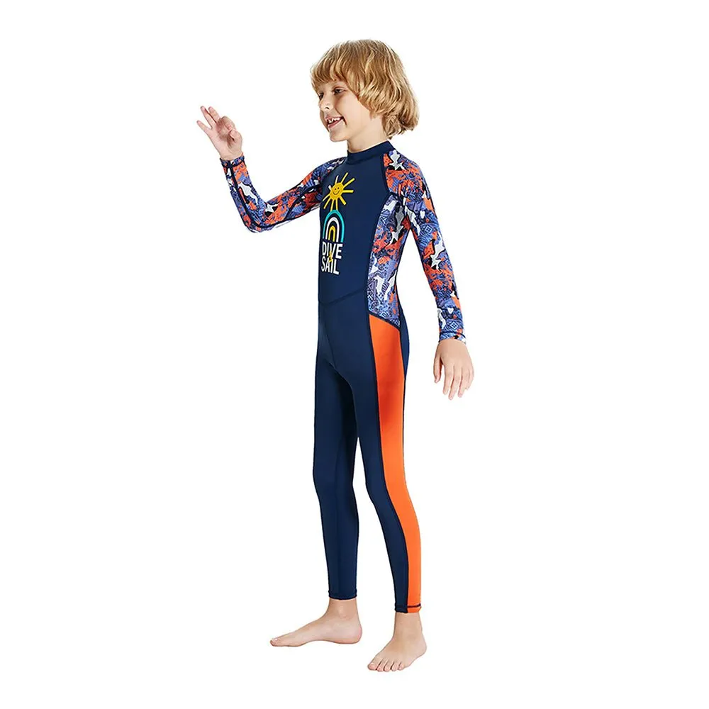 Full Sleeves Kids Swimwear Navy Blue & Orange Sunshine Printed Full Length, with UPF 50 