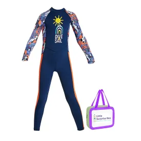 Full Sleeves Kids Swimwear Navy Blue & Orange Sunshine Printed Full Length, with UPF 50 