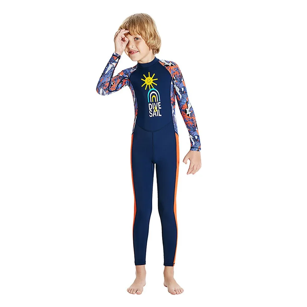 Full Sleeves Kids Swimwear Navy Blue & Orange Sunshine Printed Full Length, with UPF 50 