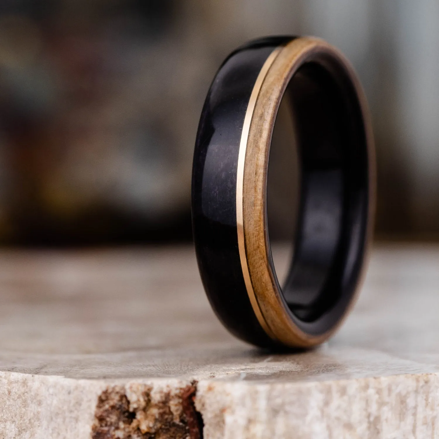 (In-Stock) The Highball Men's Wooden Whiskey Barrel Ring with 14k Yellow Gold Inlay - Size 9.75 | 6mm Wide