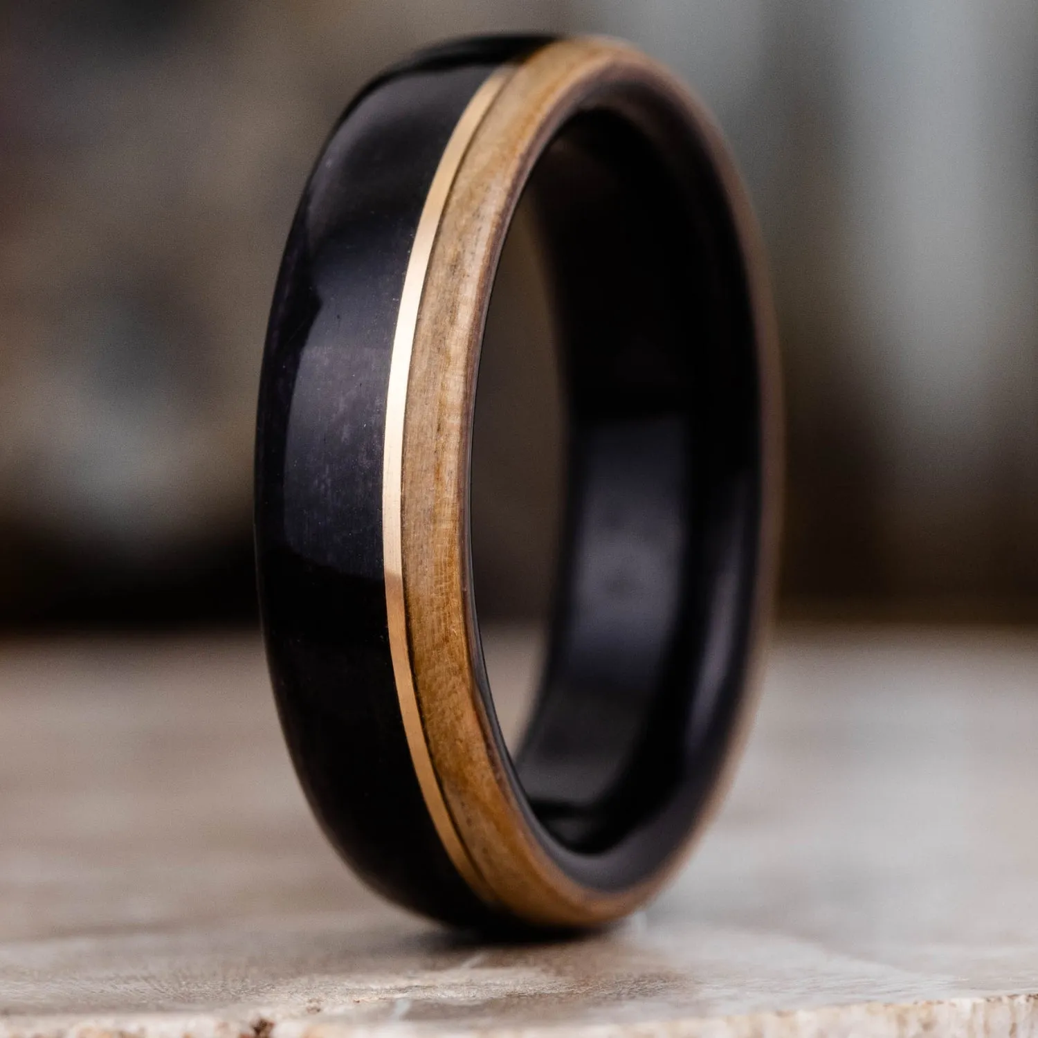 (In-Stock) The Highball Men's Wooden Whiskey Barrel Ring with 14k Yellow Gold Inlay - Size 9.75 | 6mm Wide