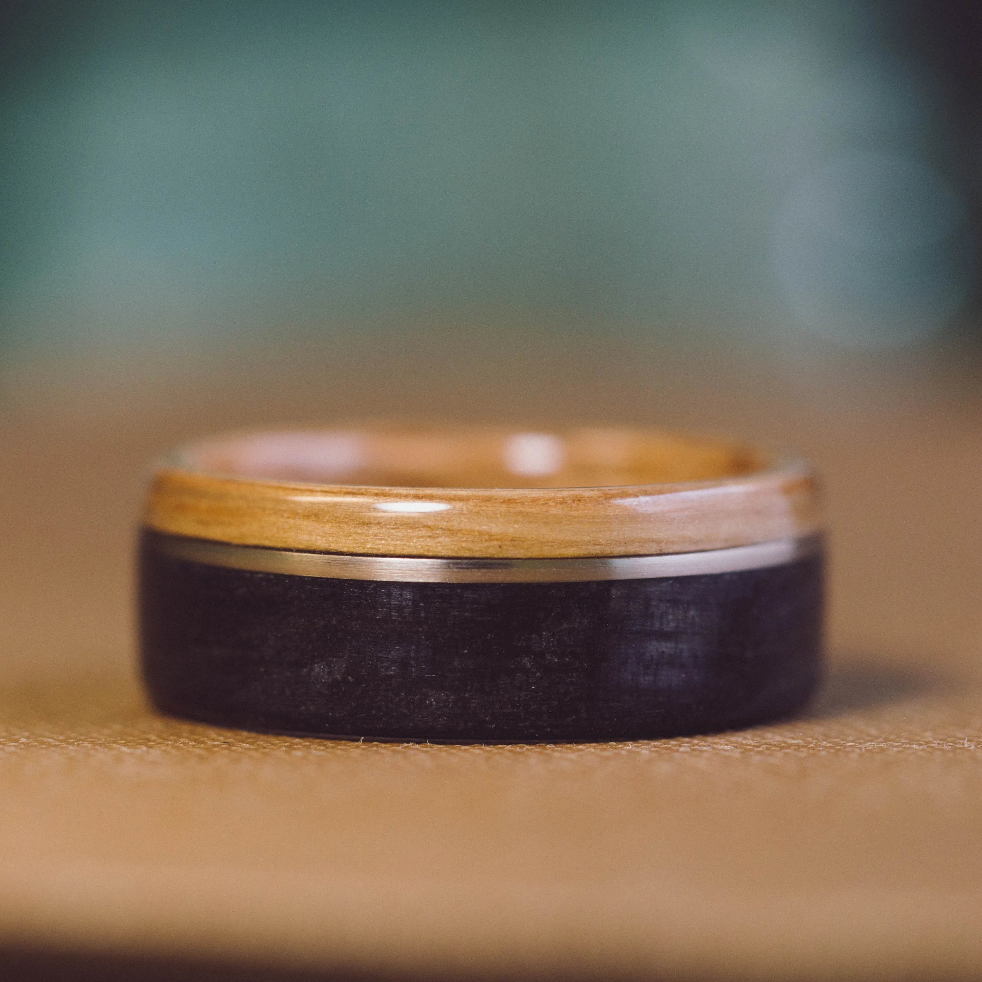 (In-Stock) The Highball Whiskey Barrel Ring with Yellow Gold Inlay - Size 9 / Width 8