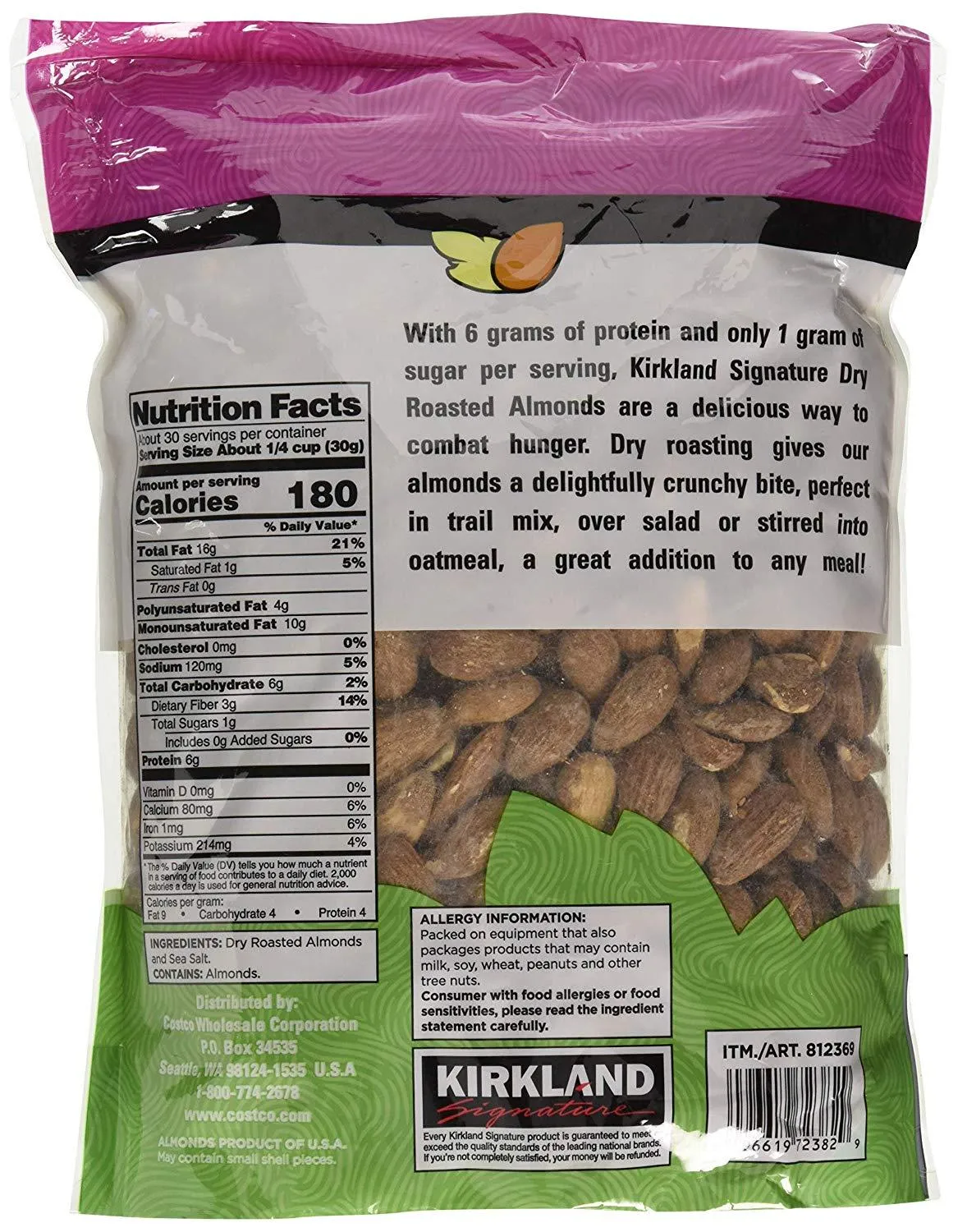 Kirkland Signature Dry Roasted Almonds Seasoned with Sea Salt, 2.5 lbs