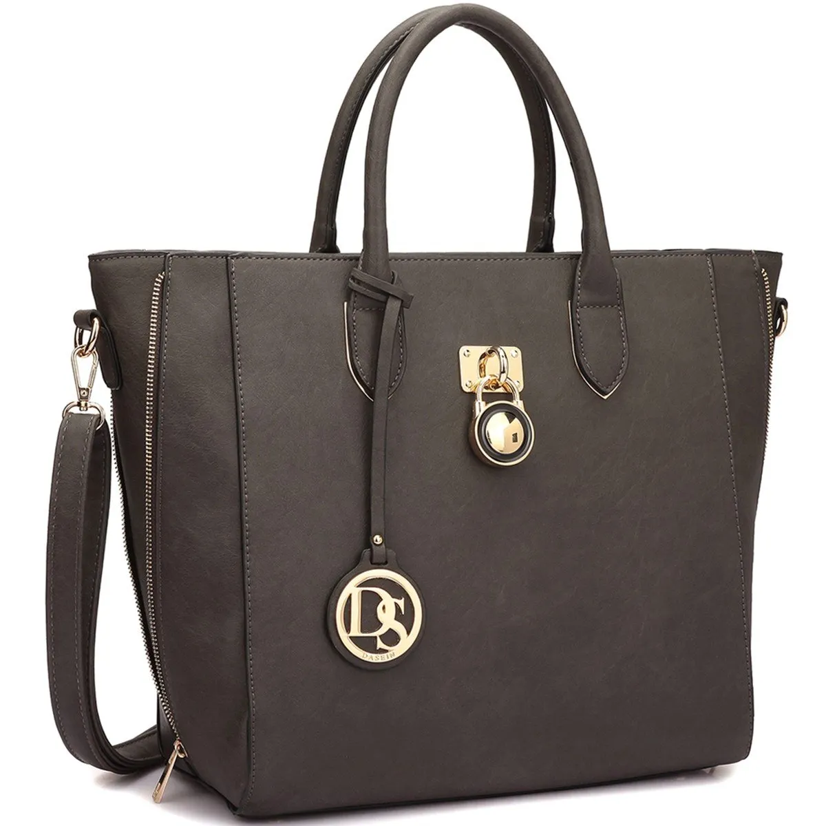 Solid-Color Emblem Tote Handbag