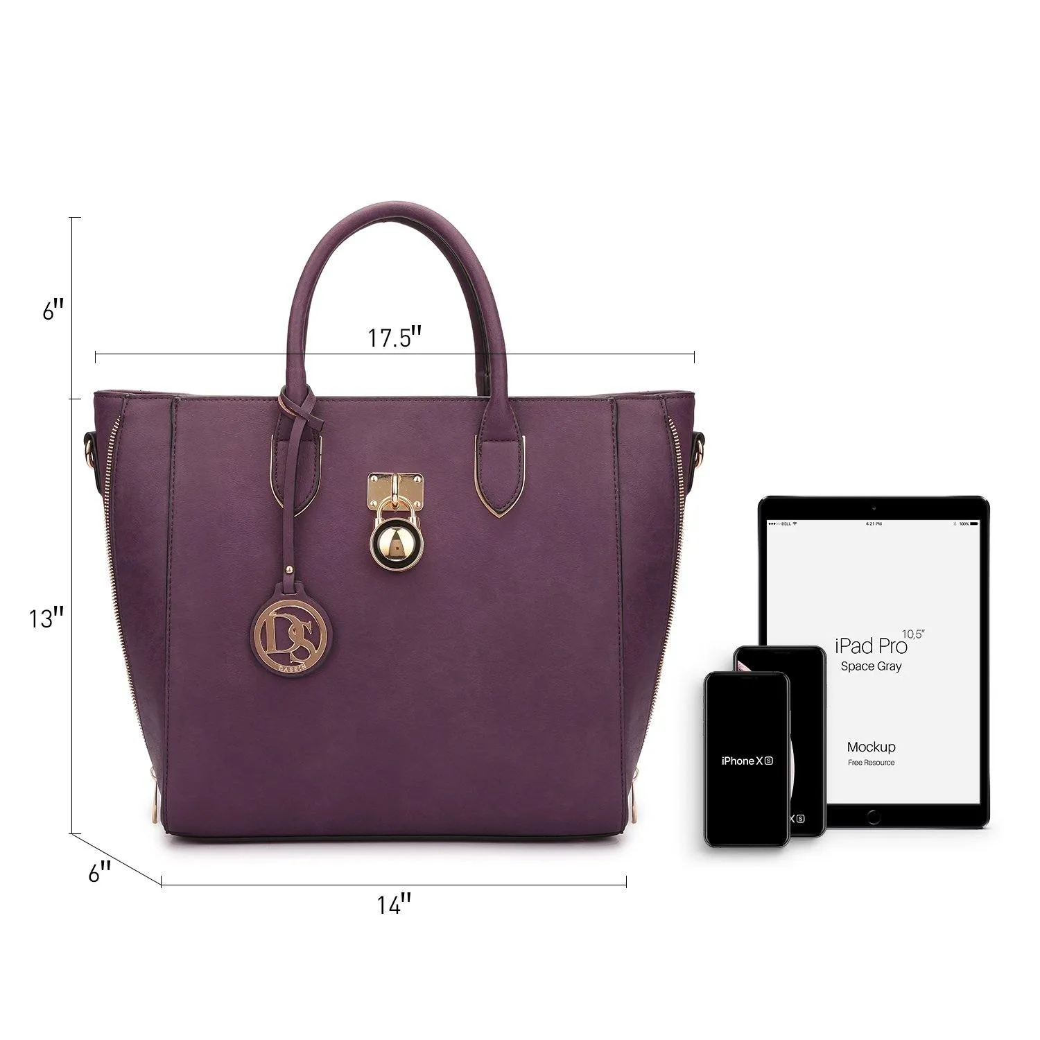 Solid-Color Emblem Tote Handbag